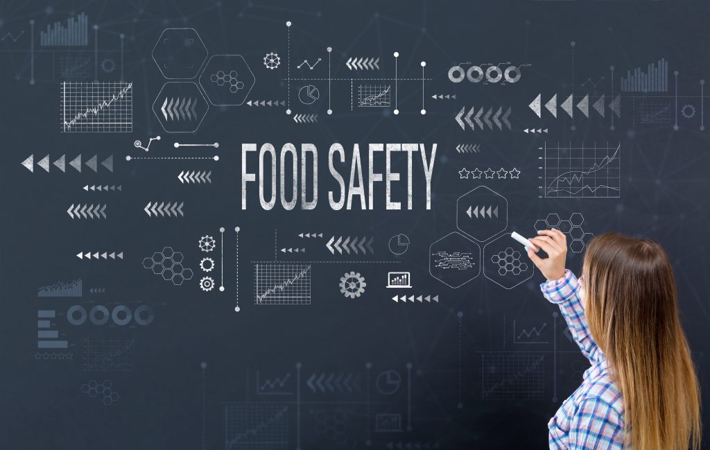 Kobieta odwrócona tyłem do widza pisze na czarnej tablicy kredą napis FOOD SAFETY i rysuje wzory w kształatach przypominahących wzory chemiczne, kłosy i trybiki
