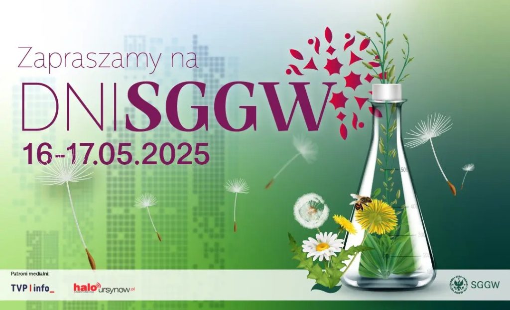 Grafika przedstawiająca na zielonym tle napis Zapraszamy na Dni SGGW wraz z datą. Z boku rysunek kolby laboratoryjnej, kwiatów, dmuchawców i pszczól