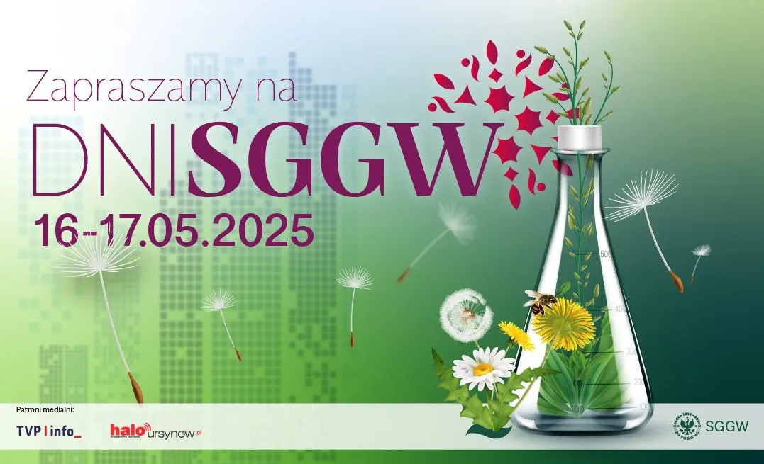 Grafika przedstawiająca na zielonym tle napis Zapraszamy na Dni SGGW wraz z datą. Z boku rysunek kolby laboratoryjnej, kwiatów, dmuchawców i pszczól