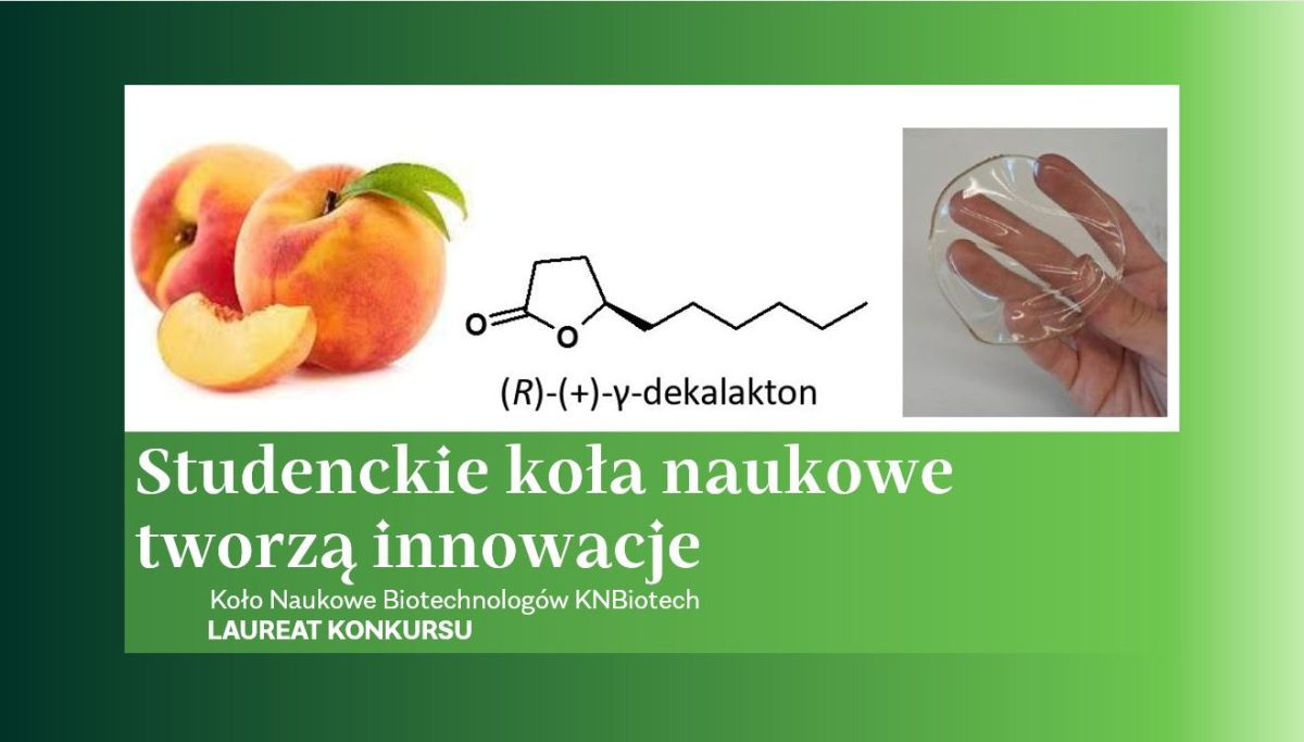 Grafika przedstawiająca napis Studenckie Koła naukowe tworzą innowacje - koło naukowe Biotechnologów laureat konkursu. Powyżej napisu obraz brzoskwiń i folii jadalnej trzymanej w dłoniach, a także chemiczny wzór strukturalny dekalaktonu
